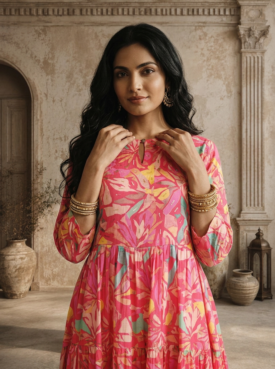 Magenta Cotton Abstract Tropical Leaf And Floral Printed Dress