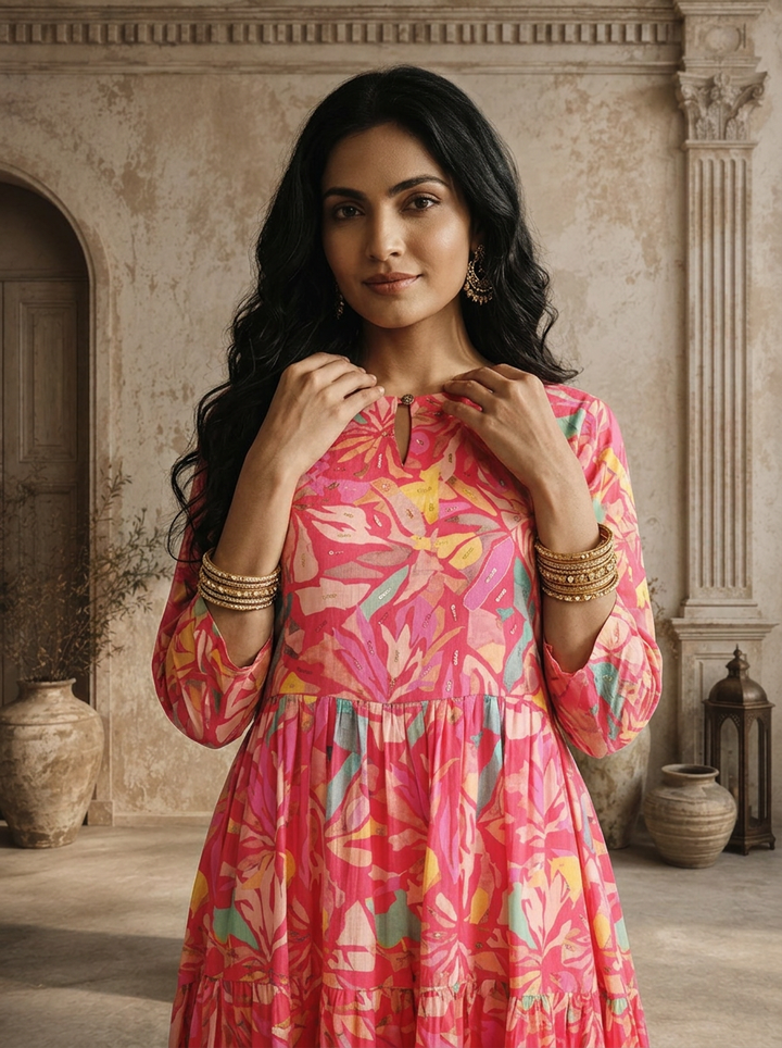 Magenta Cotton Abstract Tropical Leaf And Floral Printed Dress