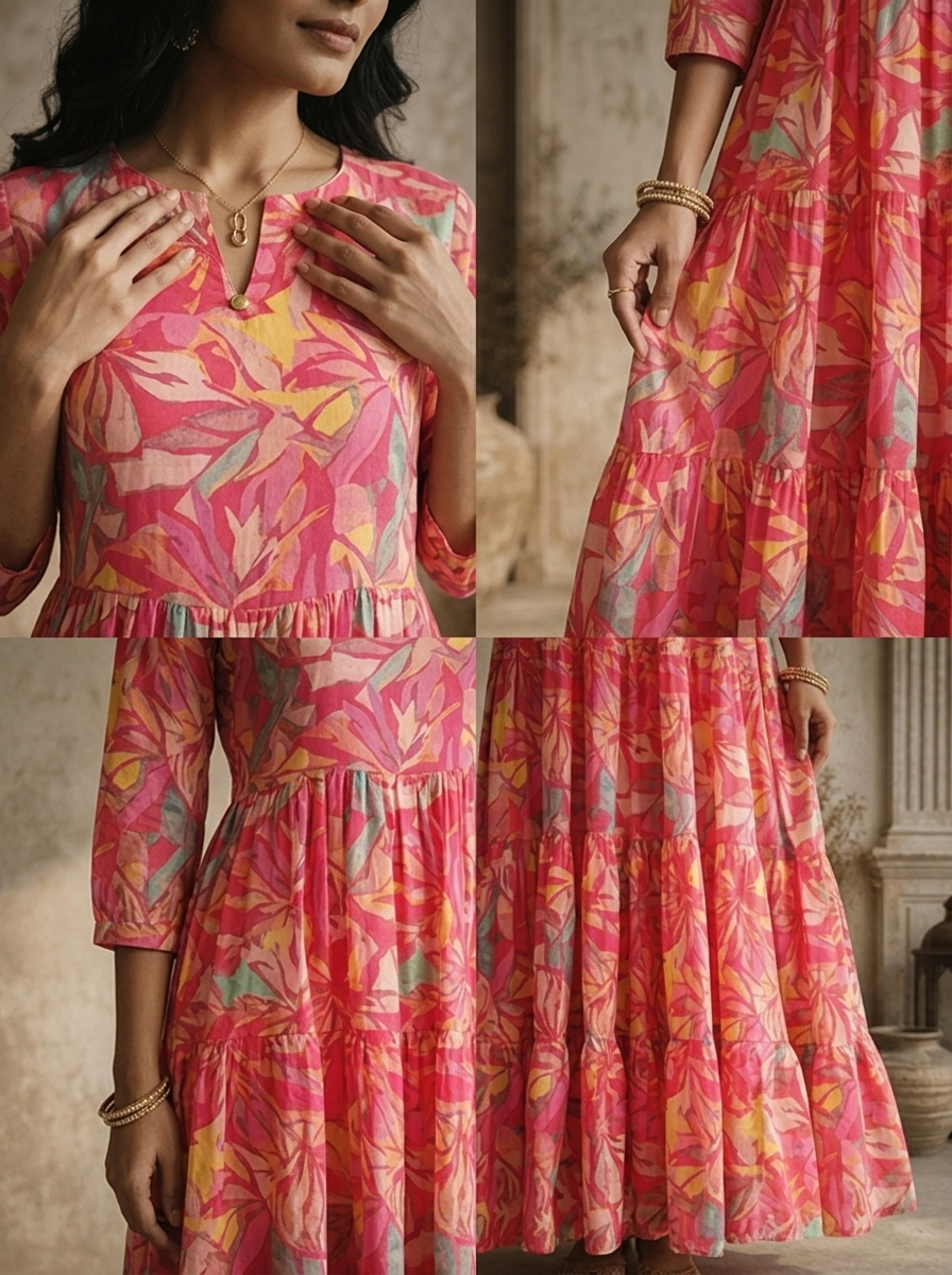 Magenta Cotton Abstract Tropical Leaf And Floral Printed Dress