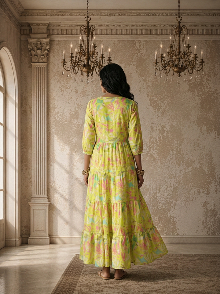 Parrot Green Cotton Abstract Tropical Leaf And Floral Printed Dress