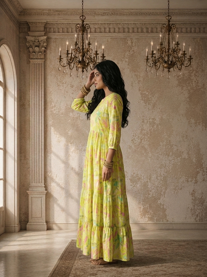 Parrot Green Cotton Abstract Tropical Leaf And Floral Printed Dress
