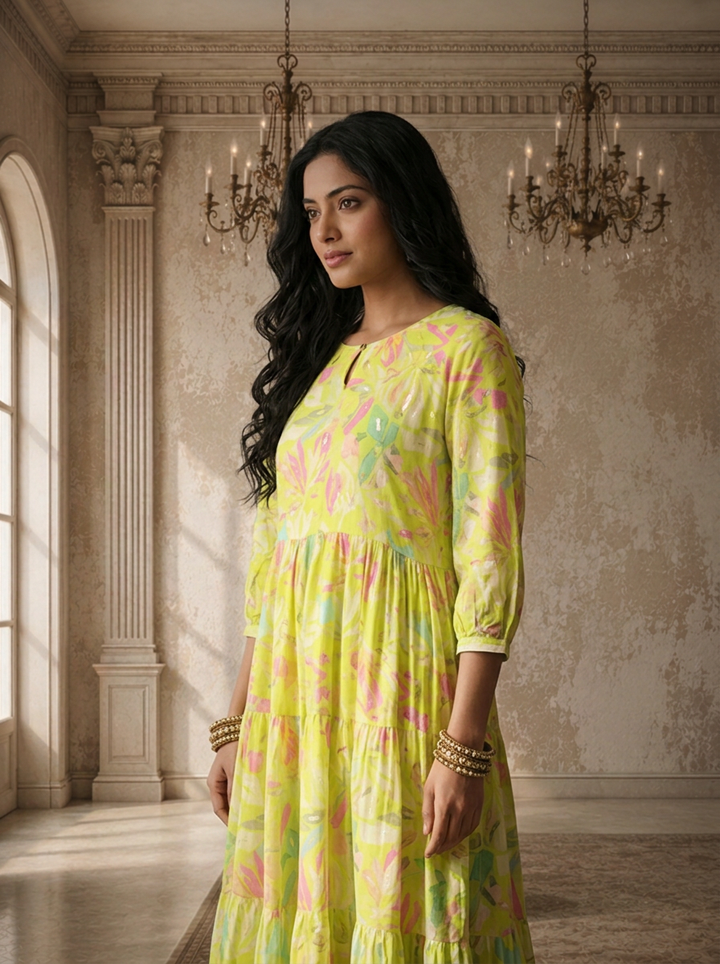 Parrot Green Cotton Abstract Tropical Leaf And Floral Printed Dress