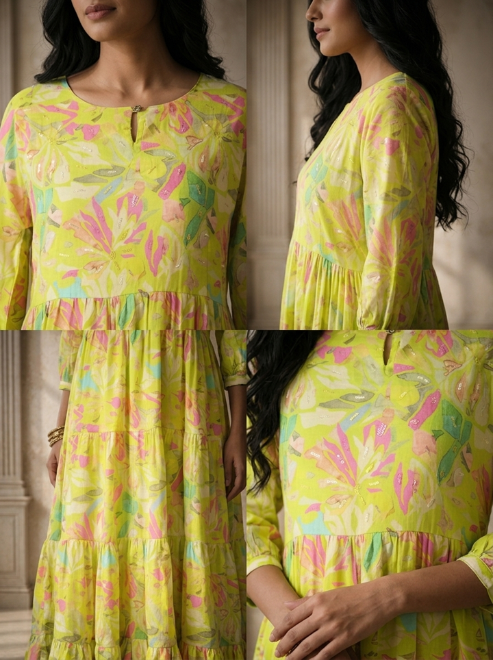 Parrot Green Cotton Abstract Tropical Leaf And Floral Printed Dress