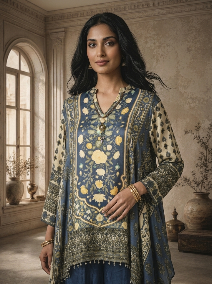 Blue Crepe Floral Panel Printed Two Piece Set