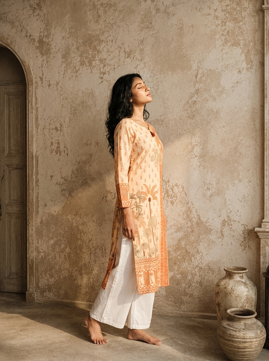 Cream Cotton Scenic Plam Tree Printed Kurta