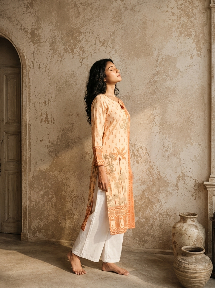 Cream Cotton Scenic Plam Tree Printed Kurta