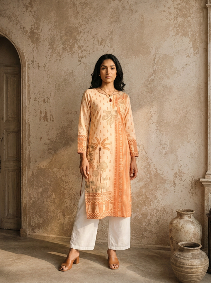 Cream Cotton Scenic Plam Tree Printed Kurta