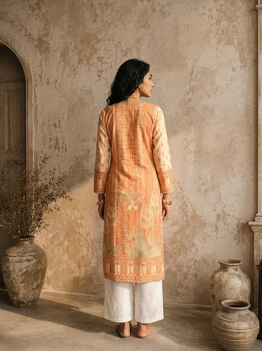 Cream Cotton Scenic Plam Tree Printed Kurta