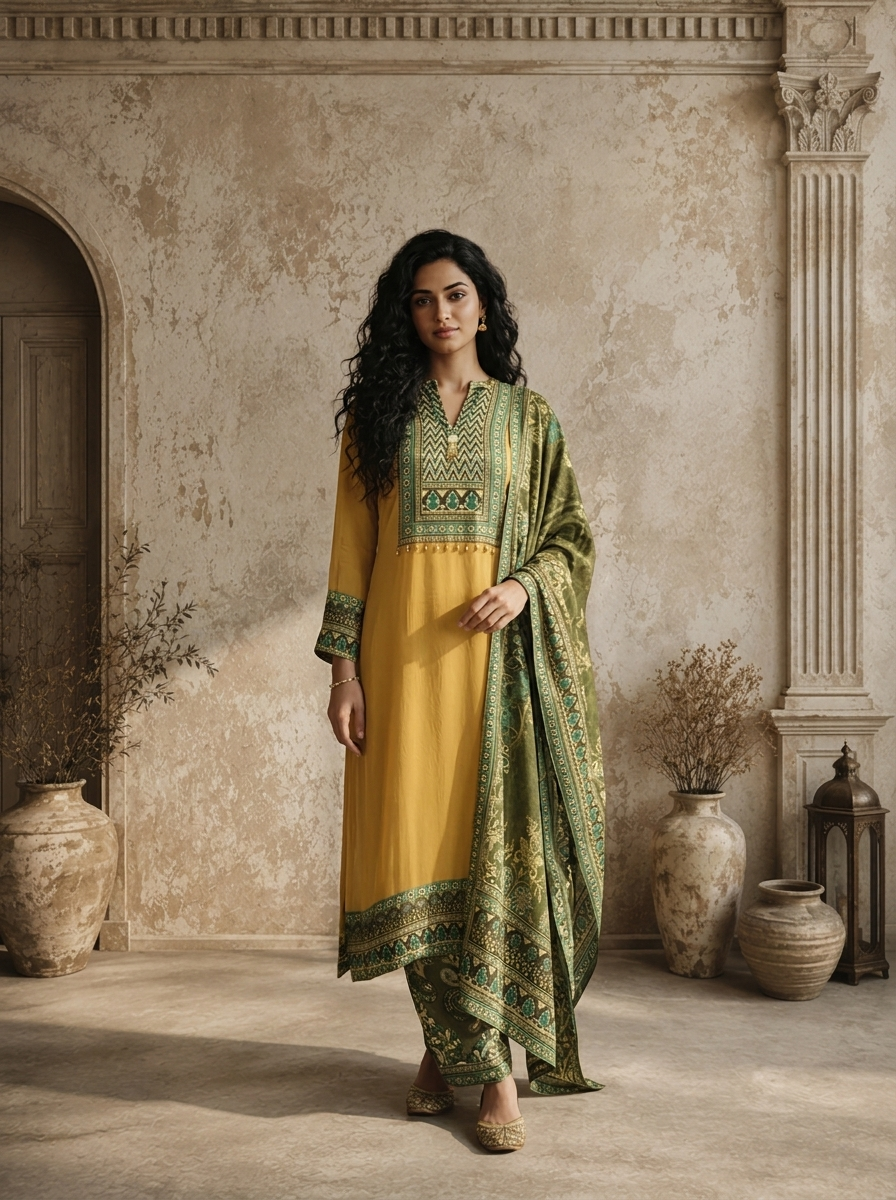 Mustard Georgette Ethnic Motif Printed Three Piece Set