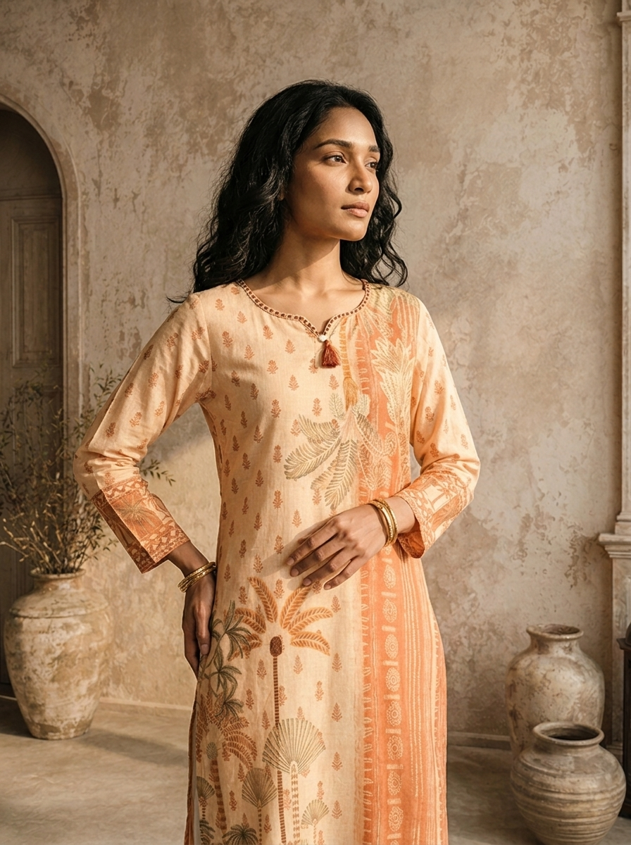 Cream Cotton Scenic Plam Tree Printed Kurta