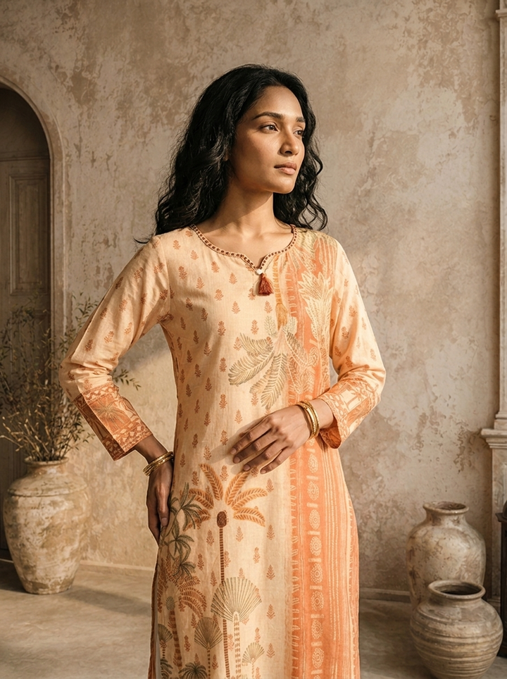 Cream Cotton Scenic Plam Tree Printed Kurta