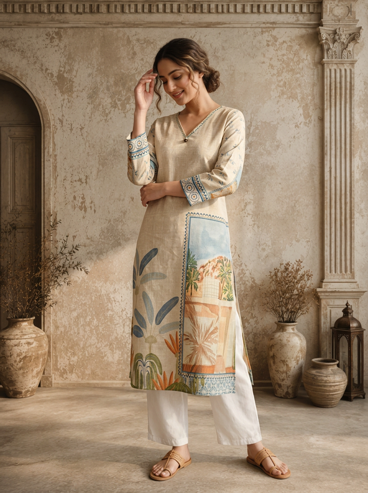 Off White Cotton Scenic Landscape And Tree Printed Kurta