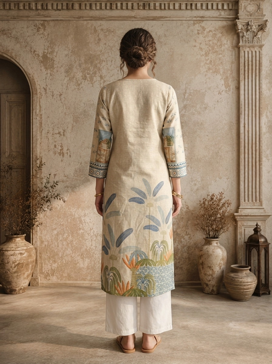 Off White Cotton Scenic Landscape And Tree Printed Kurta