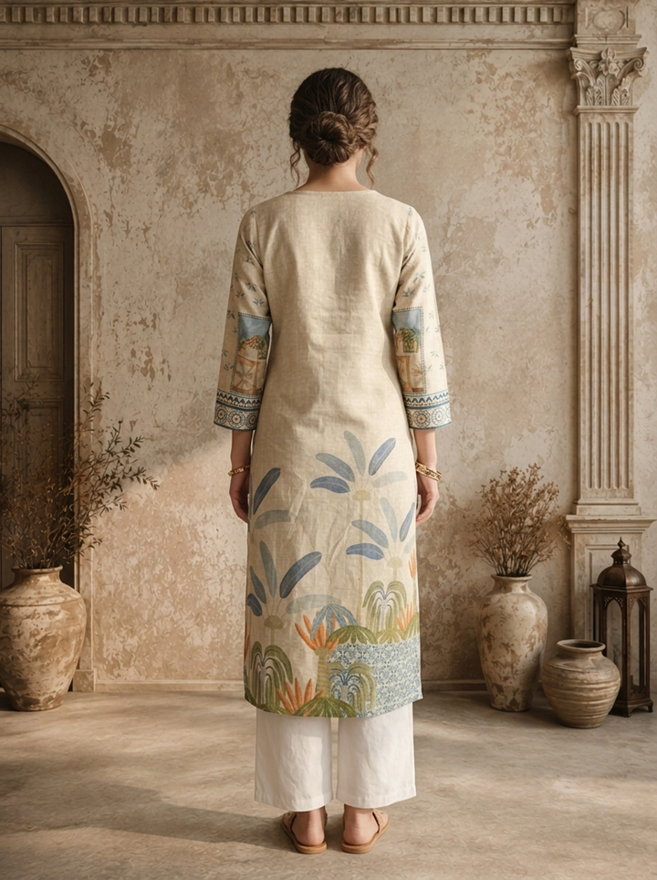 Off White Cotton Scenic Landscape And Tree Printed Kurta