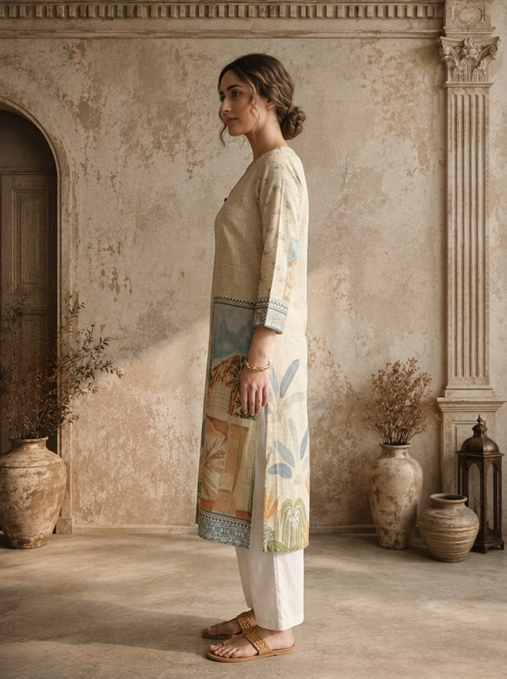 Off White Cotton Scenic Landscape And Tree Printed Kurta