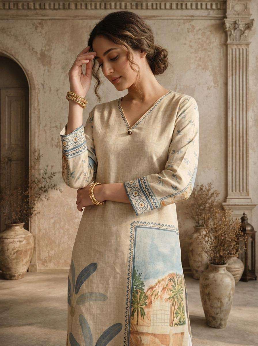 Off White Cotton Scenic Landscape And Tree Printed Kurta