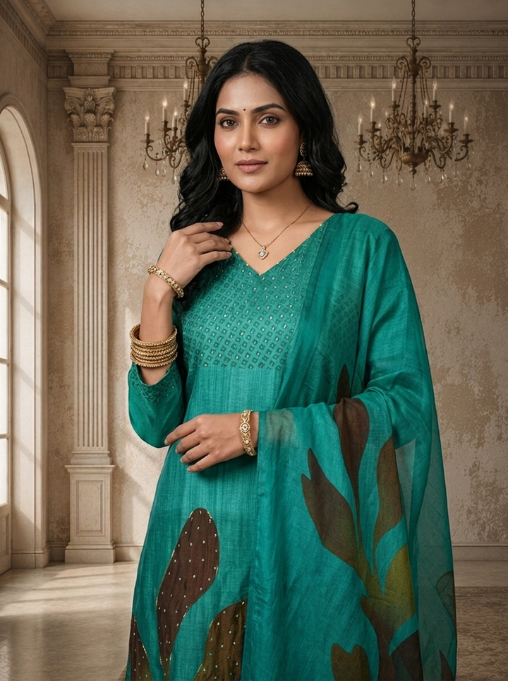 Green Silk Abstract Leaf Printed Three Piece Set