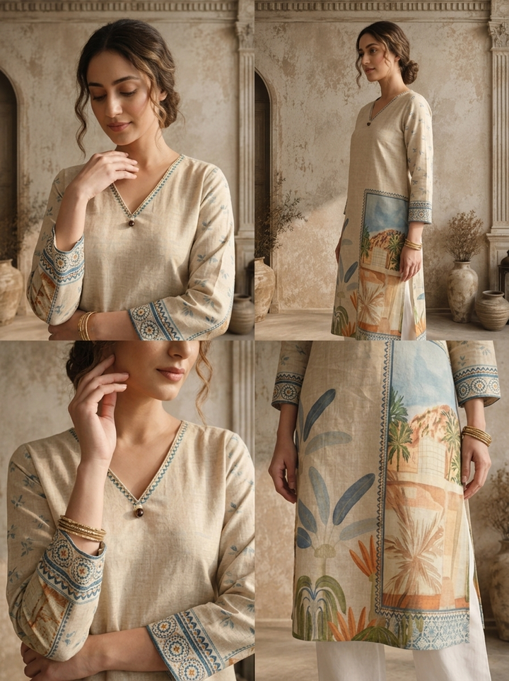 Off White Cotton Scenic Landscape And Tree Printed Kurta