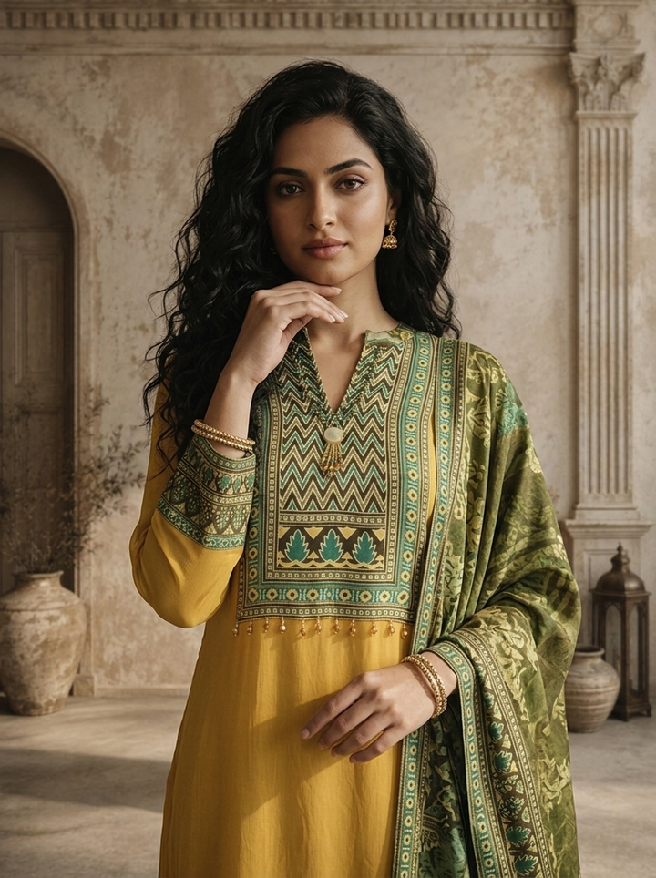 Mustard Georgette Ethnic Motif Printed Three Piece Set