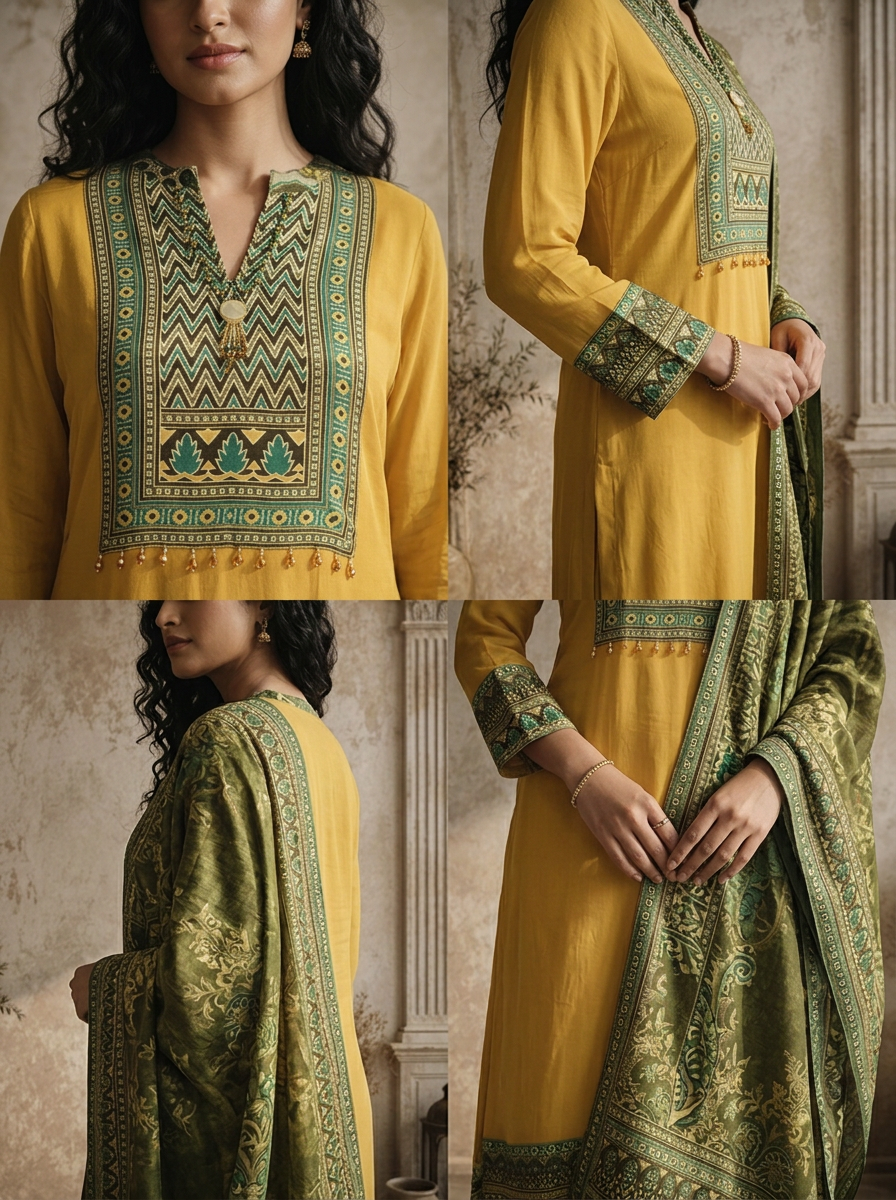 Mustard Georgette Ethnic Motif Printed Three Piece Set