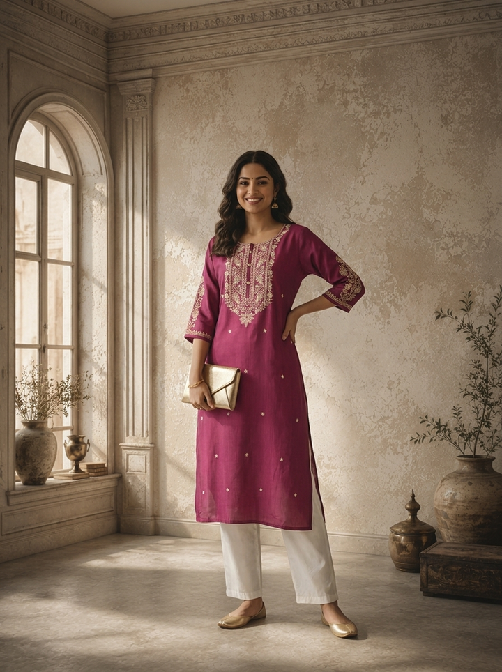 Wine Rayon Floral Thread Embroidered Kurta