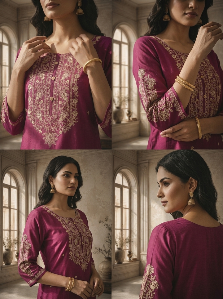 Wine Rayon Floral Thread Embroidered Kurta