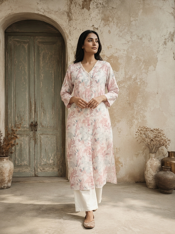 Baby Pink Linen Tropical Leaf And Botanical Printed Kurta