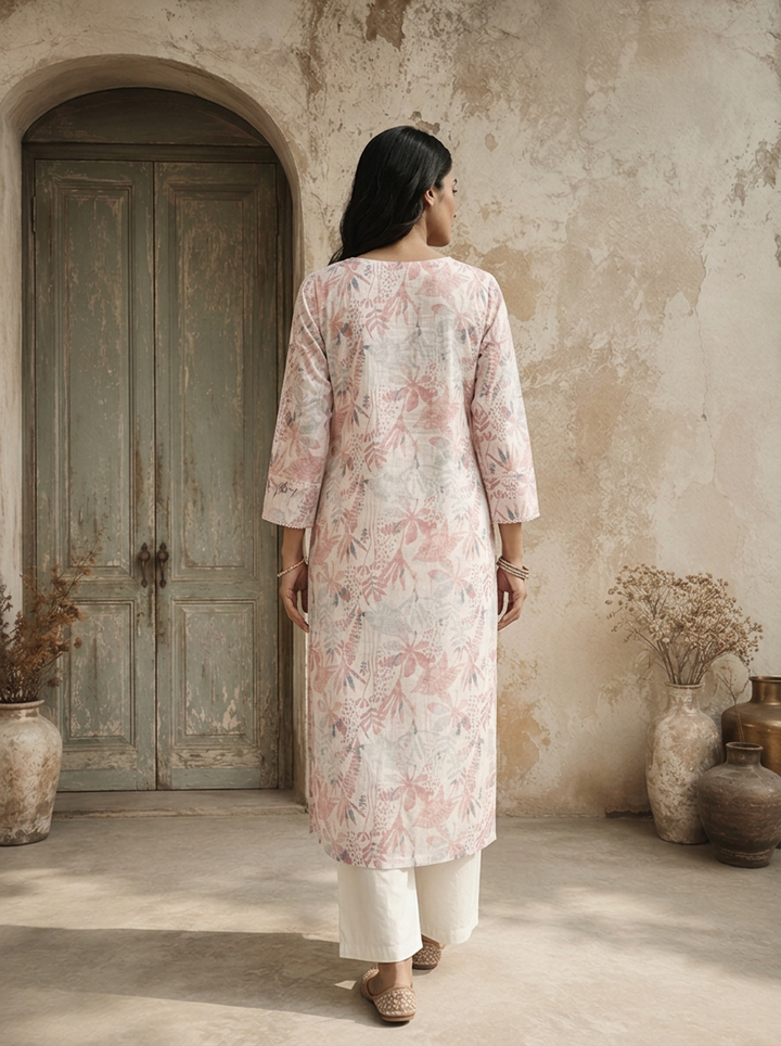 Baby Pink Linen Tropical Leaf And Botanical Printed Kurta