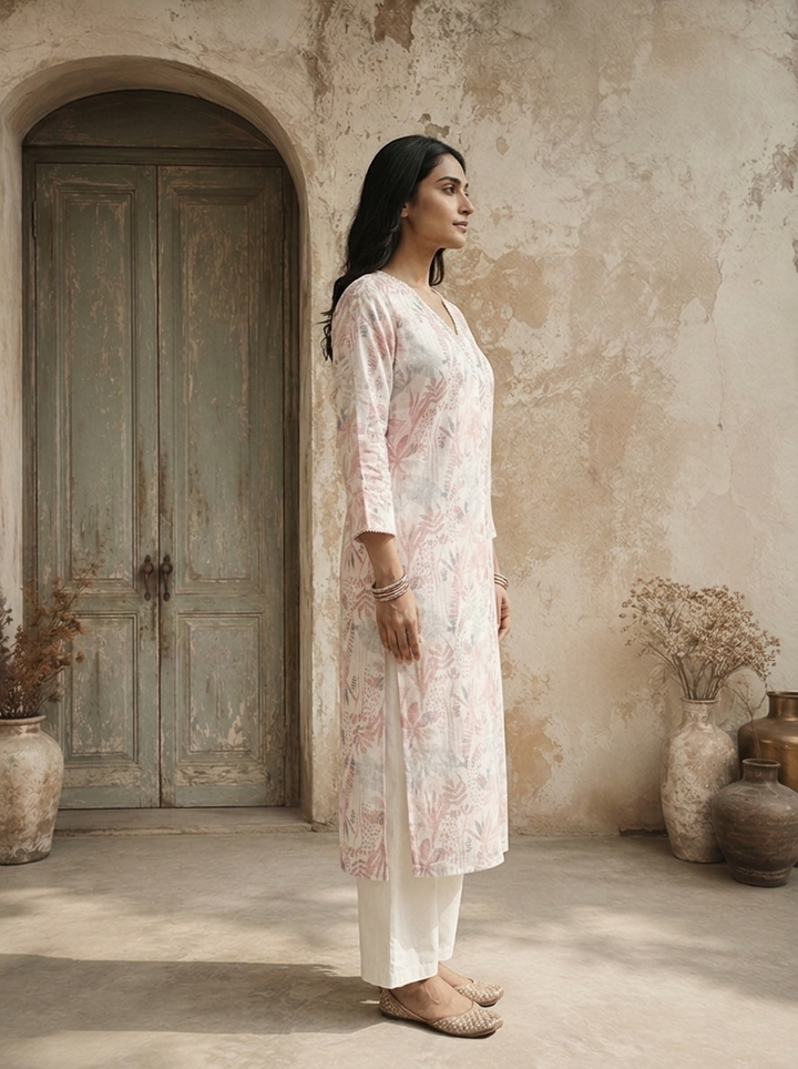 Baby Pink Linen Tropical Leaf And Botanical Printed Kurta