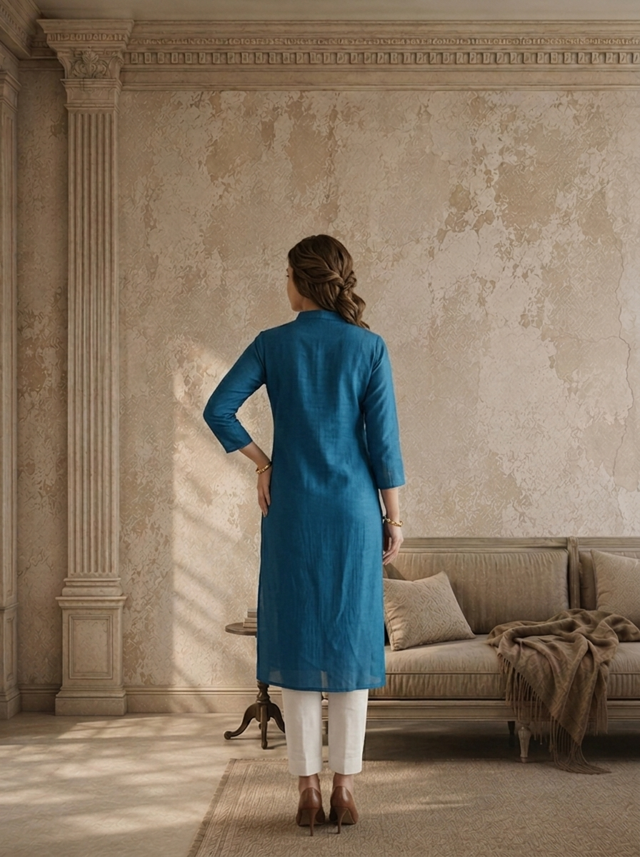Teal Rayon Solid Angrakha Kurta With Mid Slit