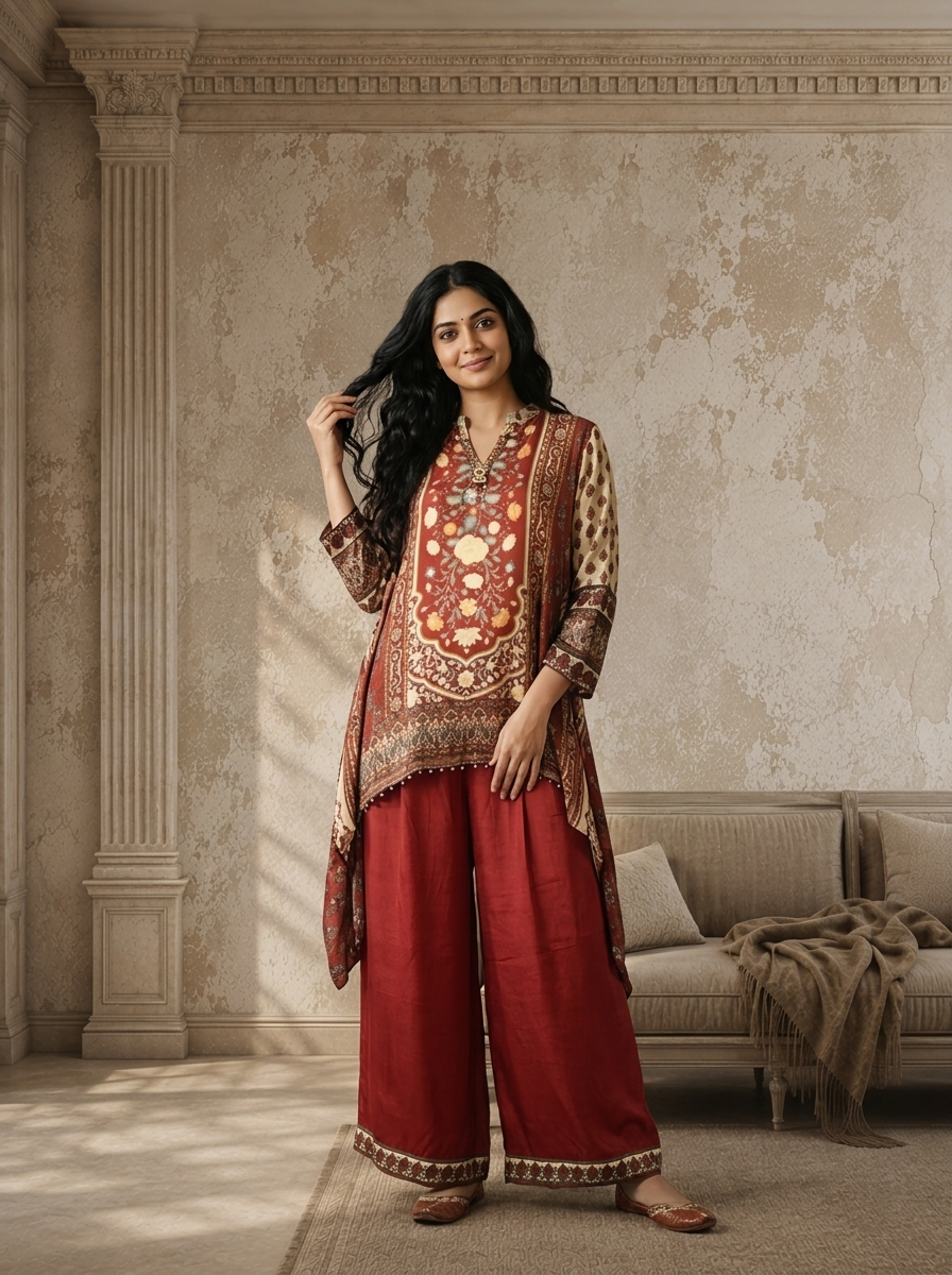 Brown Crepe Mughal Printed Two Piece Set
