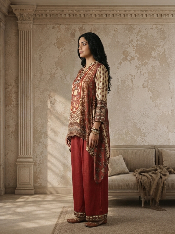 Brown Crepe Mughal Printed Two Piece Set