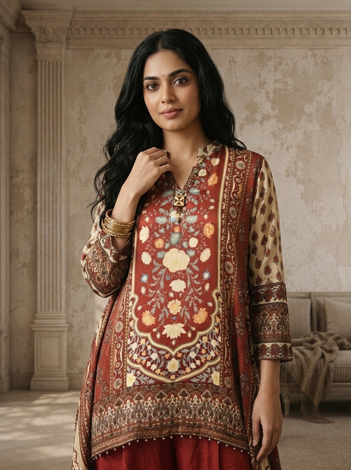 Brown Crepe Mughal Printed Two Piece Set