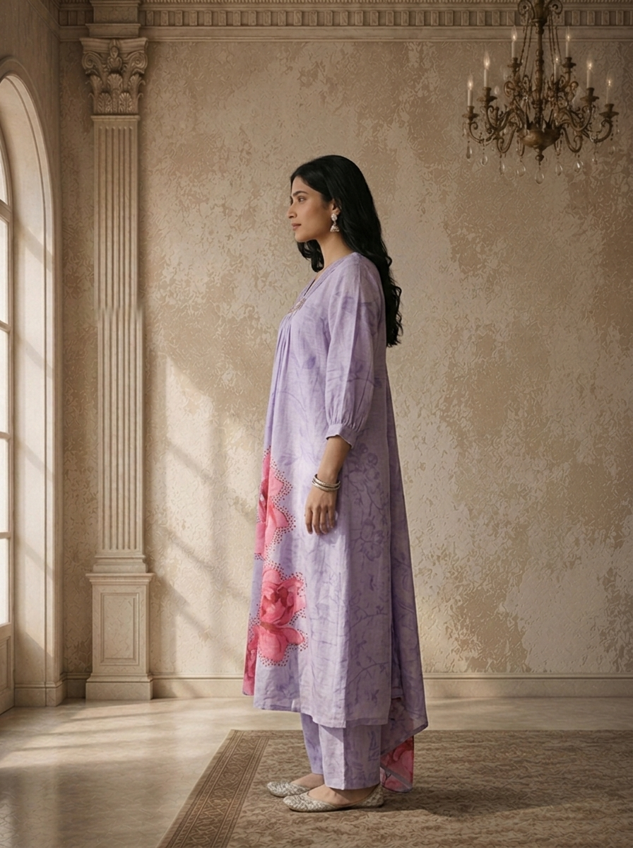 Lavender Silk Self Tone Printed Three Piece Set