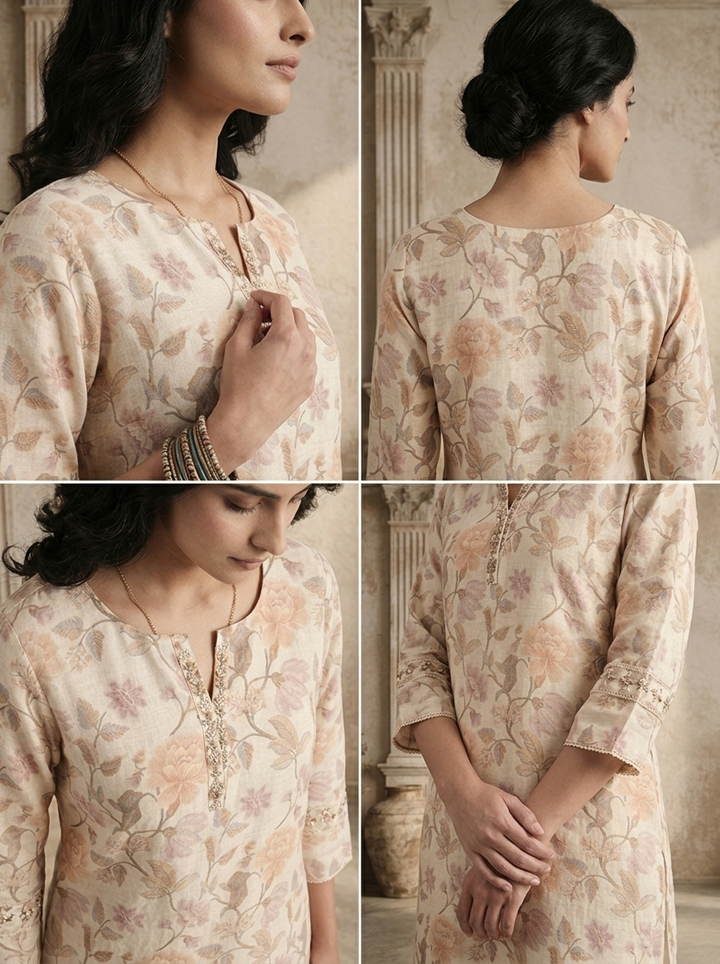 Beige Linen Digital Watercolor Floral Printed Kurta