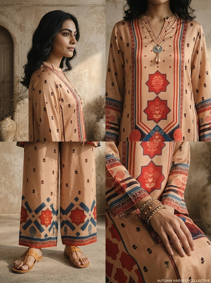 Brown Crepe Mughal Inspired Geometric Panel Printed Two Piece Set
