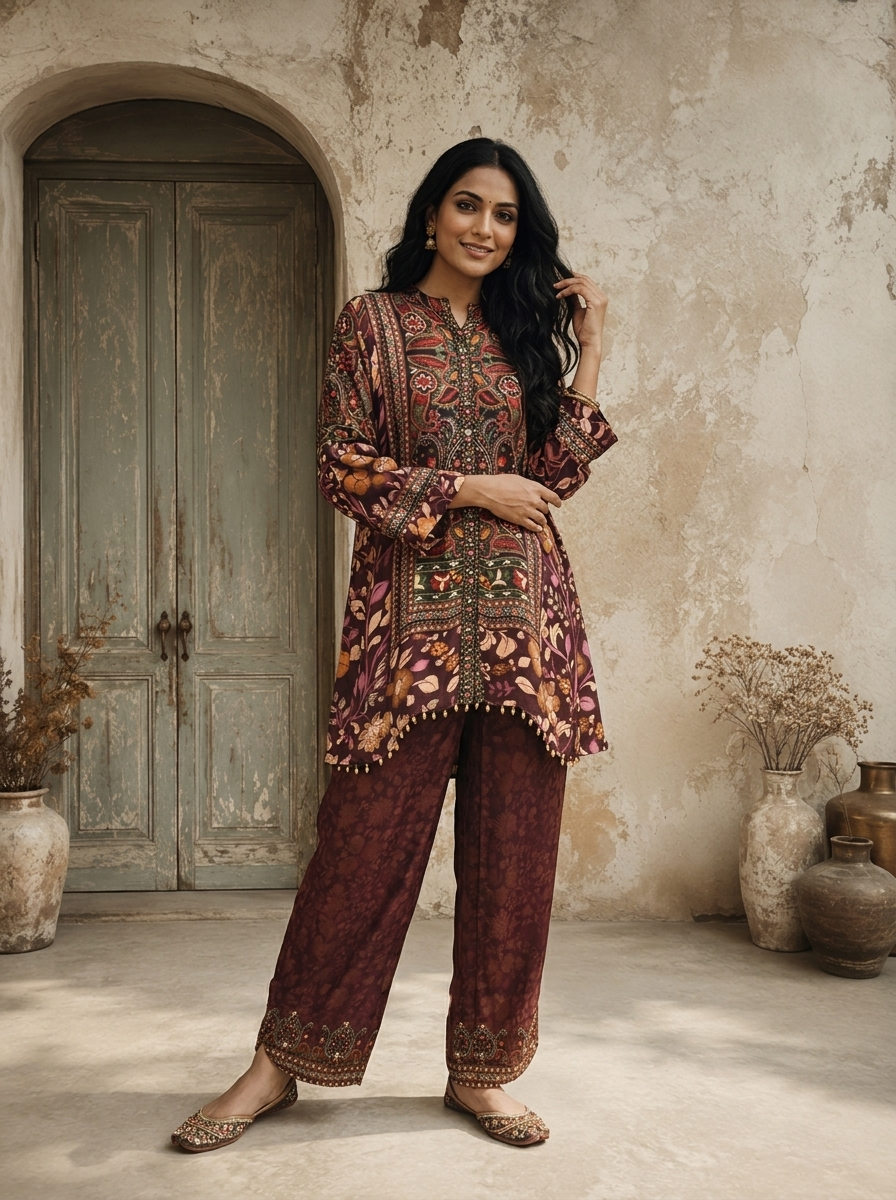 Wine Crepe Mughal Floral Printed Two Piece Set