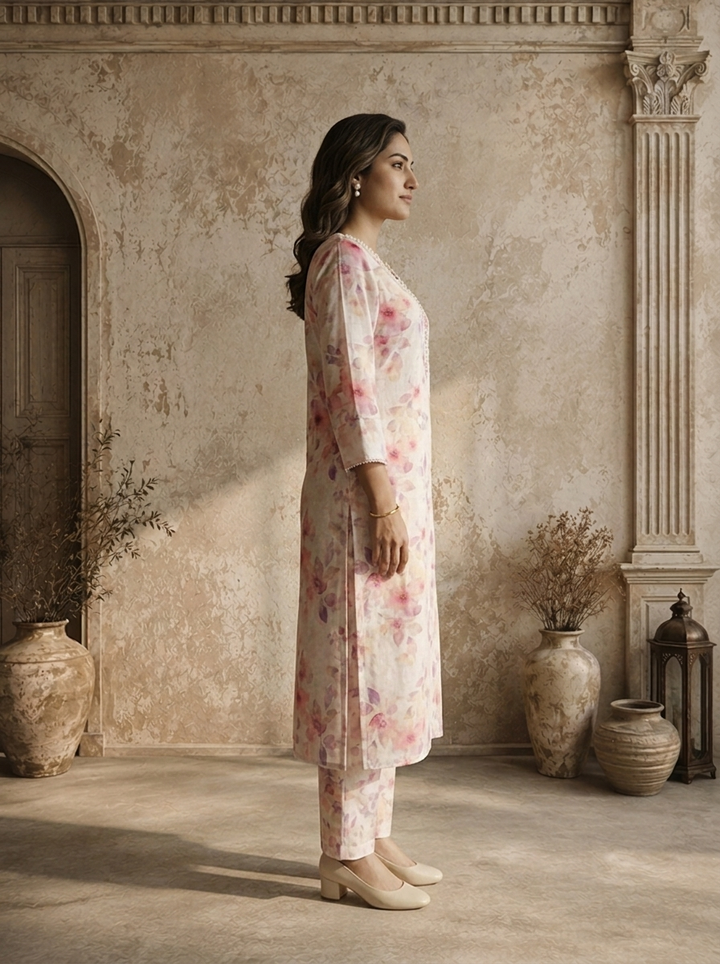 Off White Linen Digital Watercolor Floral Printed Kurta