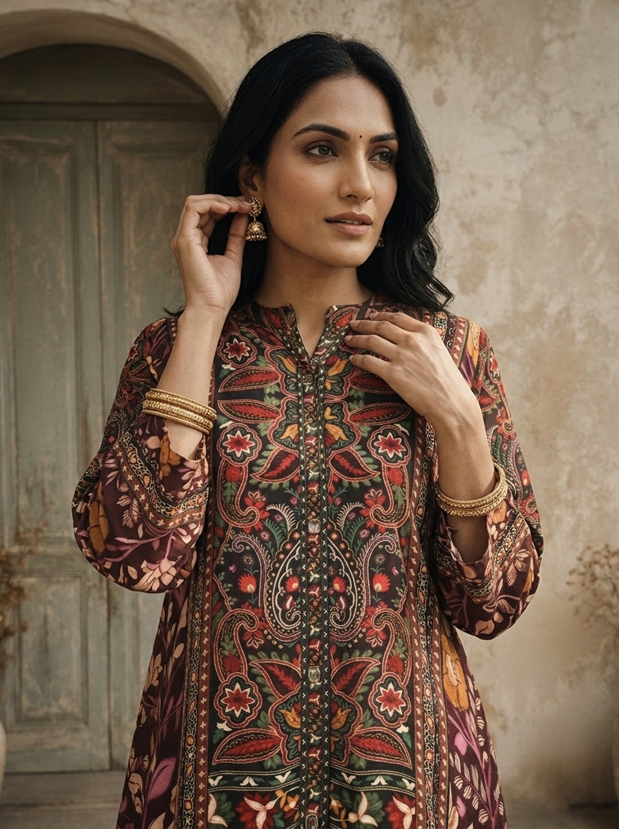 Wine Crepe Mughal Floral Printed Two Piece Set