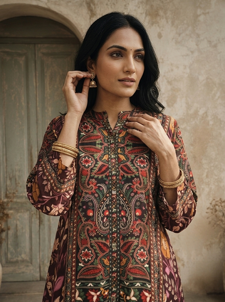 Wine Crepe Mughal Floral Printed Two Piece Set