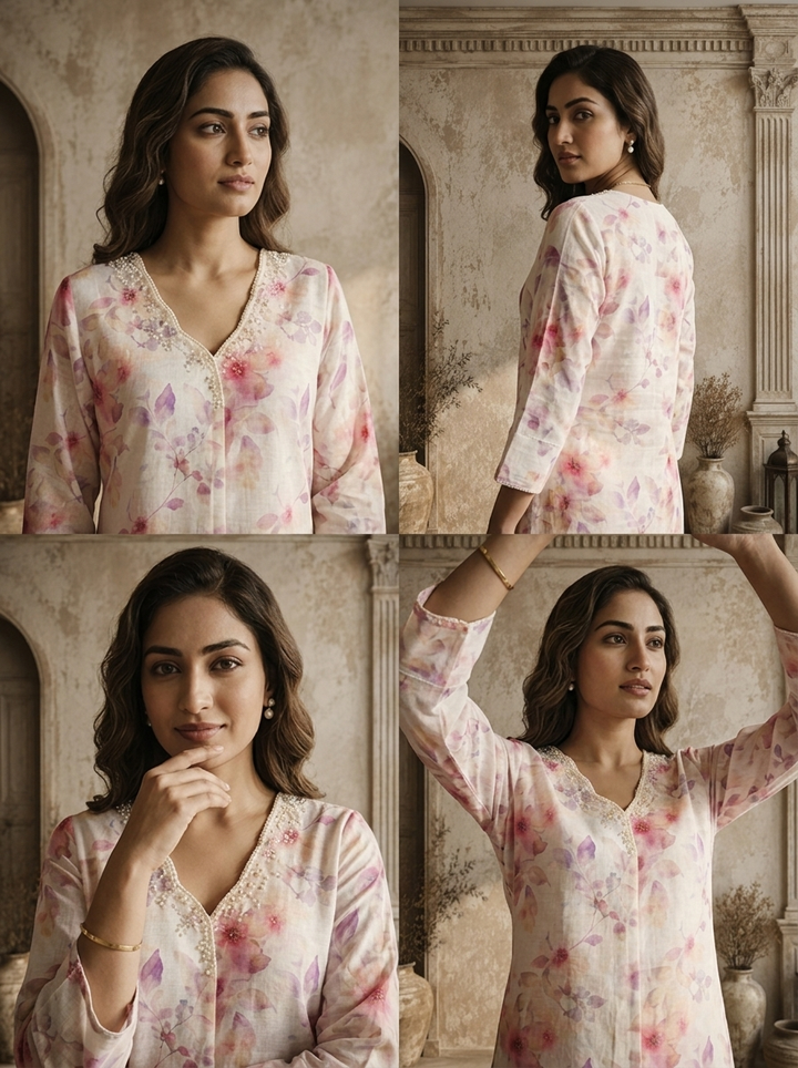 Off White Linen Digital Watercolor Floral Printed Kurta