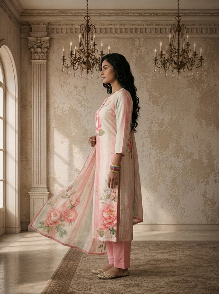 Rose Pink Linen Vertical Stripes With Large Floral Printed Three Piece Set