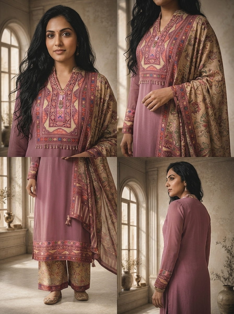 Lilac Georgette Plain With Kashmiri Printed Three Piece Set