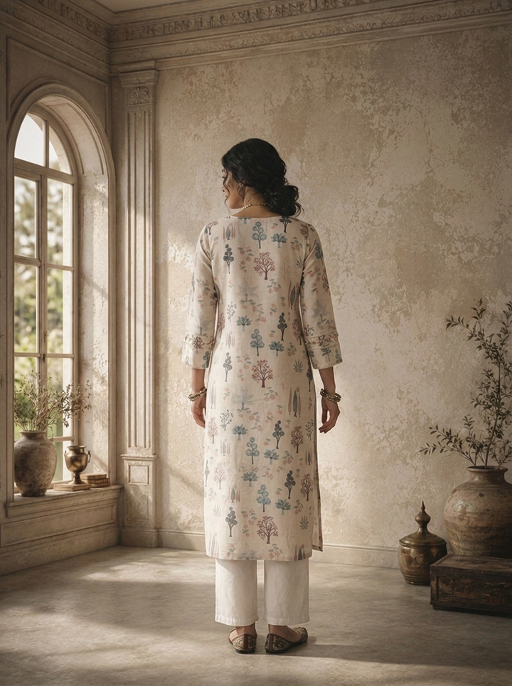 Cream Linen Botanical Tree Printed Kurta