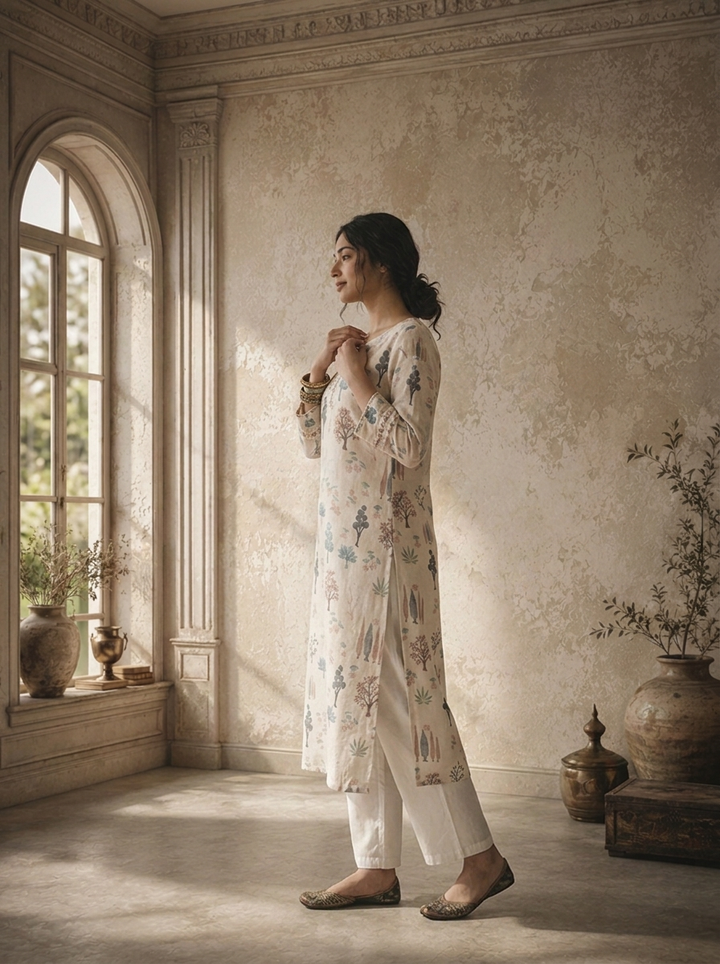 Cream Linen Botanical Tree Printed Kurta