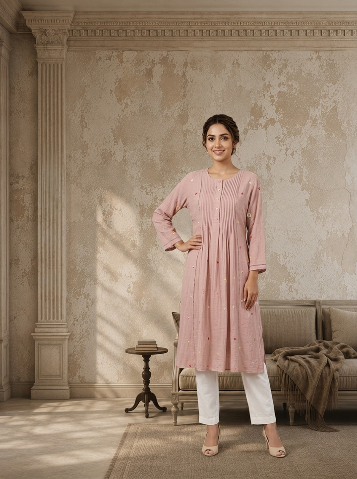 Baby Pink Rayon Floral Booti Embroidered Kurta