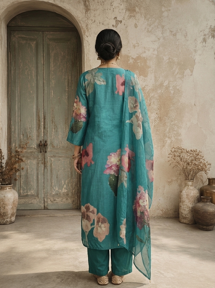 Teal Blue Silk Watercolor Floral Printed Three Piece Set