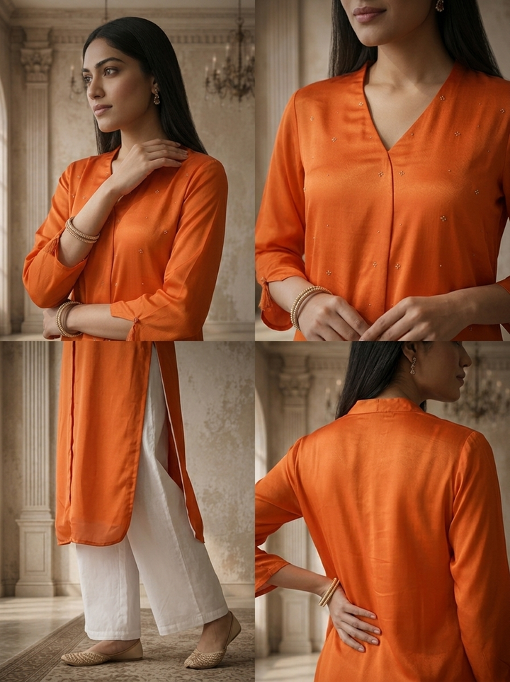 Burnt Orange Rayon Solid Angrakha Kurta With Mid Slit