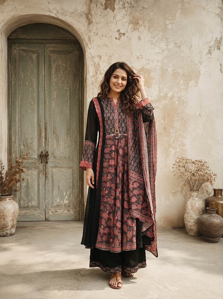 Black Georgette Block Printed Three Piece Set