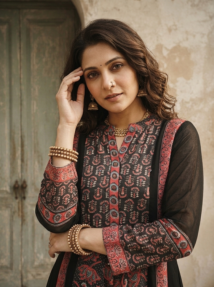 Black Georgette Block Printed Three Piece Set